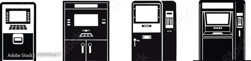 A collection of black and white illustrations of various automated machines, including ATMs and kiosks, showcasing their distinct designs.