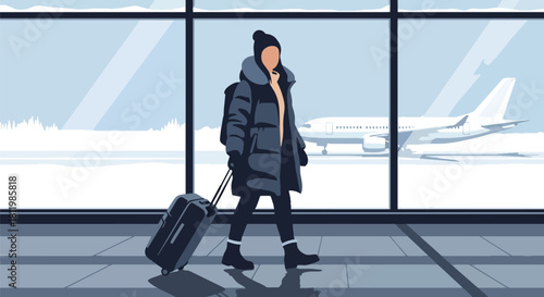 Modern vector traveler in winter coat pulling luggage through snowy airport terminal. Ideal for travel blogs, flight ads, winter tourism guides, and seasonal transport illustrations