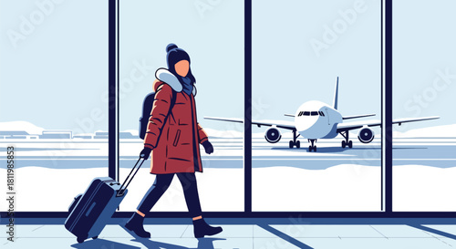 Modern vector traveler in winter coat pulling luggage through snowy airport terminal. Ideal for travel blogs, flight ads, winter tourism guides, and seasonal transport illustrations