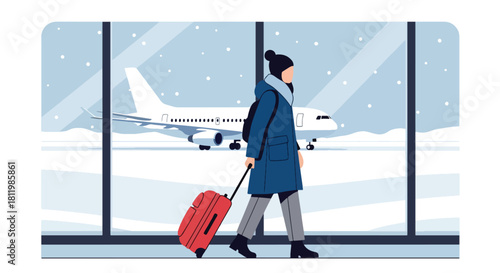 Modern vector traveler in winter coat pulling luggage through snowy airport terminal. Ideal for travel blogs, flight ads, winter tourism guides, and seasonal transport illustrations