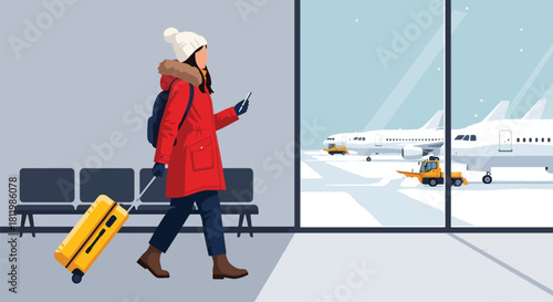 Modern vector traveler in winter coat pulling luggage through snowy airport terminal. Ideal for travel blogs, flight ads, winter tourism guides, and seasonal transport illustrations