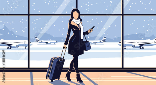 Modern vector traveler in winter coat pulling luggage through snowy airport terminal. Ideal for travel blogs, flight ads, winter tourism guides, and seasonal transport illustrations