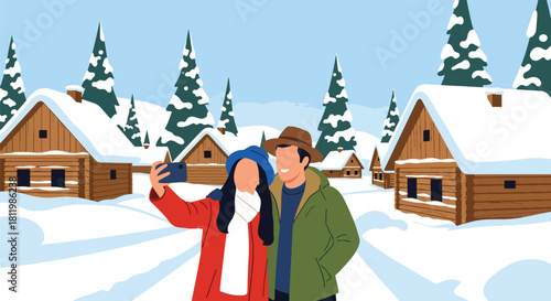 Couple taking winter vacation photos in snowy village with pine trees and cabins. Ideal for holiday travel promos, winter getaway campaigns, and tourism illustrations