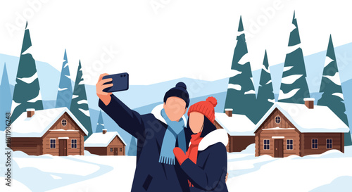 Couple taking winter vacation photos in snowy village with pine trees and cabins. Ideal for holiday travel promos, winter getaway campaigns, and tourism illustrations