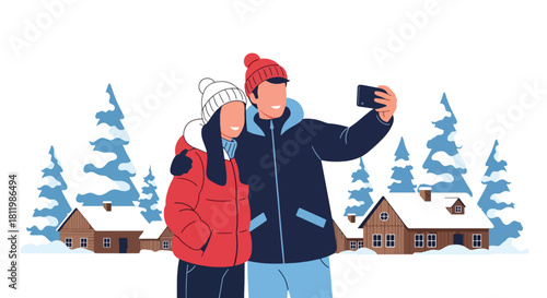 Couple taking winter vacation photos in snowy village with pine trees and cabins. Ideal for holiday travel promos, winter getaway campaigns, and tourism illustrations