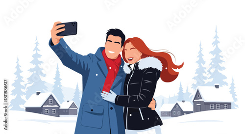 Couple taking winter vacation photos in snowy village with pine trees and cabins. Ideal for holiday travel promos, winter getaway campaigns, and tourism illustrations