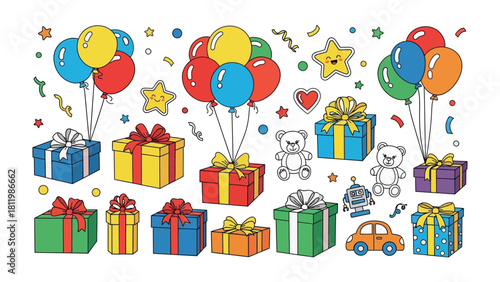 Joyful Gifts and Festive Balloons: An array of colorful gift boxes tied with elegant ribbons and cheerful balloons creates a sense of anticipation and delight.