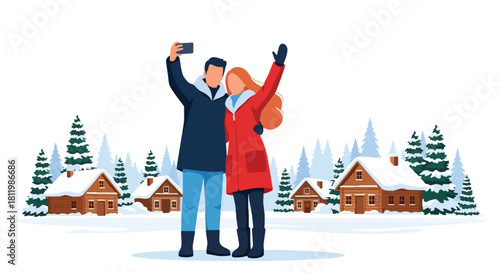 Couple taking winter vacation photos in snowy village with pine trees and cabins. Ideal for holiday travel promos, winter getaway campaigns, and tourism illustrations
