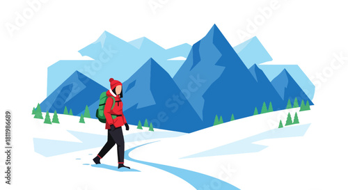 Solo backpacker hiking snowy mountain trail with bold scenery and crisp winter air. Ideal for adventure blogs, trekking guides, winter travel ads, and outdoor content