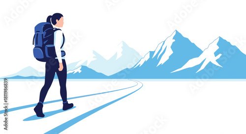 Solo backpacker hiking snowy mountain trail with bold scenery and crisp winter air. Ideal for adventure blogs, trekking guides, winter travel ads, and outdoor content