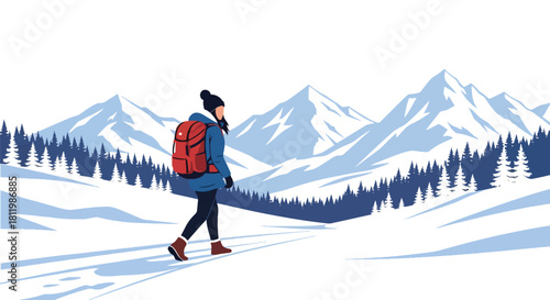 Solo backpacker hiking snowy mountain trail with bold scenery and crisp winter air. Ideal for adventure blogs, trekking guides, winter travel ads, and outdoor content