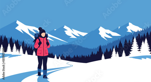 Solo backpacker hiking snowy mountain trail with bold scenery and crisp winter air. Ideal for adventure blogs, trekking guides, winter travel ads, and outdoor content