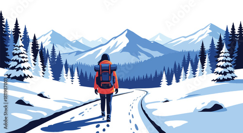 Solo backpacker hiking snowy mountain trail with bold scenery and crisp winter air. Ideal for adventure blogs, trekking guides, winter travel ads, and outdoor content