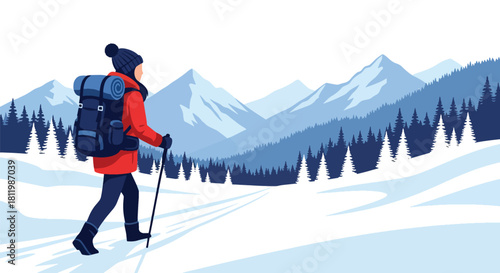 Solo backpacker hiking snowy mountain trail with bold scenery and crisp winter air. Ideal for adventure blogs, trekking guides, winter travel ads, and outdoor content