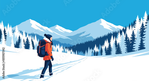 Solo backpacker hiking snowy mountain trail with bold scenery and crisp winter air. Ideal for adventure blogs, trekking guides, winter travel ads, and outdoor content