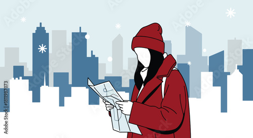 Tourist in warm coat checking map in snowy winter city with tall buildings. Ideal for city tourism visuals, travel guides, winter campaigns, and seasonal lifestyle designs