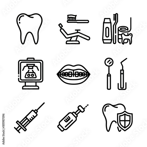 A collection of black and white line art icons representing dentistry, orthodontics, and oral hygiene tools.