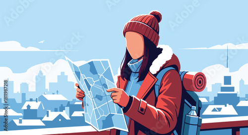 Tourist in warm coat checking map in snowy winter city with tall buildings. Ideal for city tourism visuals, travel guides, winter campaigns, and seasonal lifestyle designs