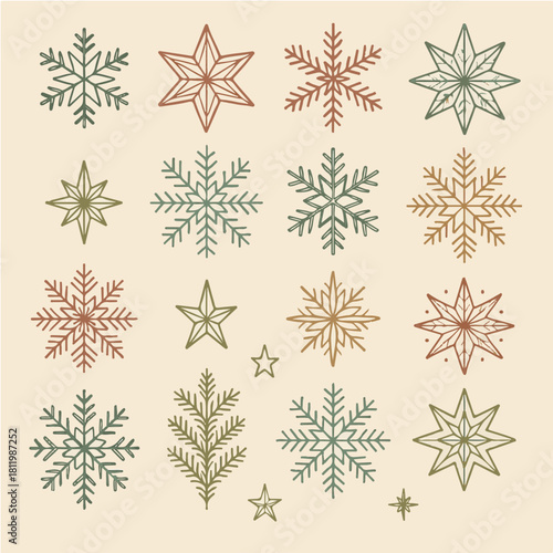 Hand-Drawn Vintage Christmas Snowflakes and Stars Element Collection in Earth Tones.