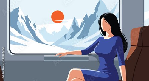 Traveler enjoying winter mountain views from train window with frosty landscape. Ideal for railway promotions, scenic travel ads, and winter tourism illustration sets