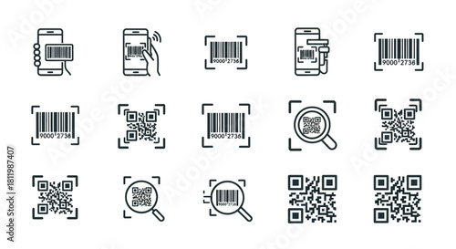 A collection of black line art icons showing barcode and QR code scanning with smartphones and magnifiers.