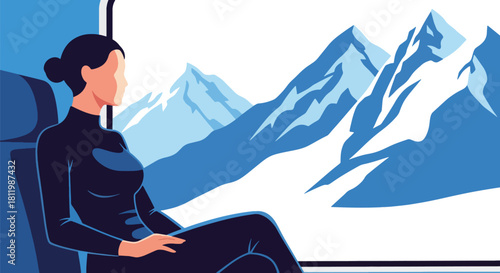 Traveler enjoying winter mountain views from train window with frosty landscape. Ideal for railway promotions, scenic travel ads, and winter tourism illustration sets