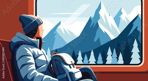 Traveler enjoying winter mountain views from train window with frosty landscape. Ideal for railway promotions, scenic travel ads, and winter tourism illustration sets