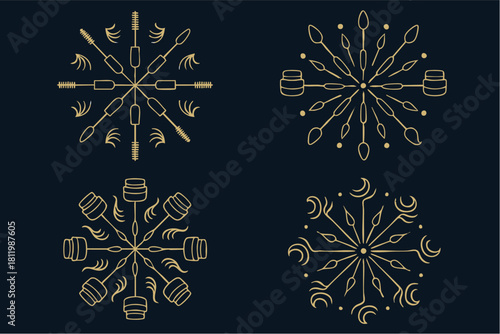Set of Four Golden Cosmetic Snowflake Designs - Winter Beauty Pattern