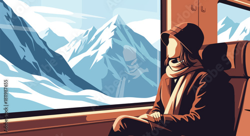 Traveler enjoying winter mountain views from train window with frosty landscape. Ideal for railway promotions, scenic travel ads, and winter tourism illustration sets