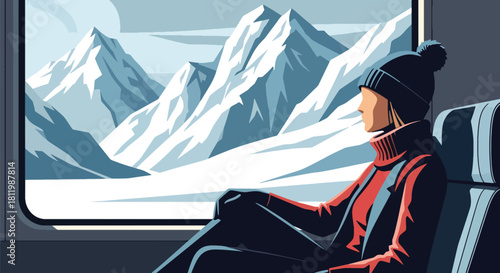Traveler enjoying winter mountain views from train window with frosty landscape. Ideal for railway promotions, scenic travel ads, and winter tourism illustration sets