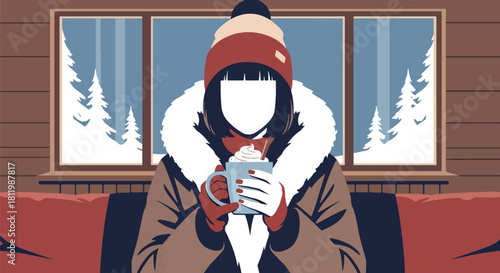 Traveler drinking warm cocoa at cozy winter lodge surrounded by snow. Ideal for holiday travel campaigns, cabin retreats, winter lifestyle posts, and tourism ads