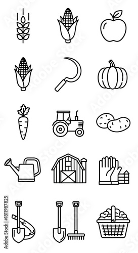 A collection of black outline farming and agriculture icons, including crops, tools, a tractor, and a barn, in a simple line art style.