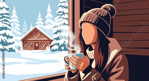Traveler drinking warm cocoa at cozy winter lodge surrounded by snow. Ideal for holiday travel campaigns, cabin retreats, winter lifestyle posts, and tourism ads
