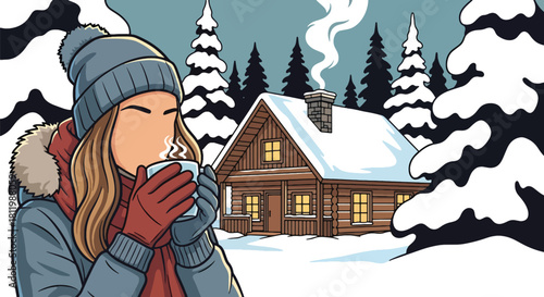 Traveler drinking warm cocoa at cozy winter lodge surrounded by snow. Ideal for holiday travel campaigns, cabin retreats, winter lifestyle posts, and tourism ads