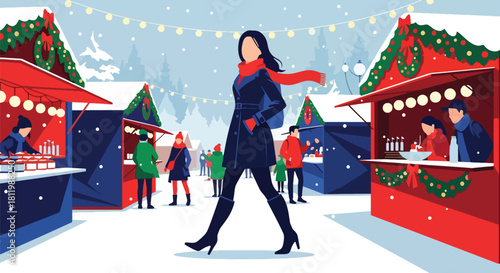 Tourist walking through winter Christmas market with festive stalls and snow. Ideal for holiday travel promotions, market themes, and seasonal tourism graphics