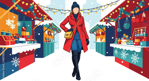 Tourist walking through winter Christmas market with festive stalls and snow. Ideal for holiday travel promotions, market themes, and seasonal tourism graphics