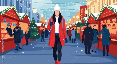 Tourist walking through winter Christmas market with festive stalls and snow. Ideal for holiday travel promotions, market themes, and seasonal tourism graphics