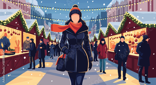 Tourist walking through winter Christmas market with festive stalls and snow. Ideal for holiday travel promotions, market themes, and seasonal tourism graphics