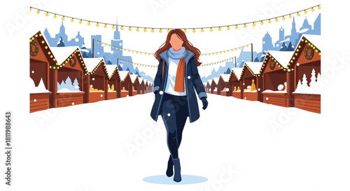 Tourist walking through winter Christmas market with festive stalls and snow. Ideal for holiday travel promotions, market themes, and seasonal tourism graphics