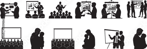Silhouettes of diverse people attending meetings presentations and family moments
