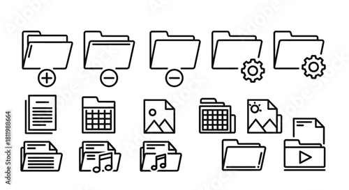 A collection of black thin line icons representing digital folders, files, and media management symbols.