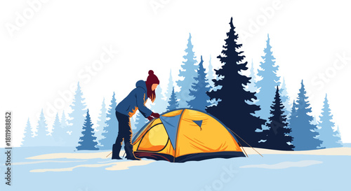 Traveler camping in snowy forest with glowing tent under winter sky. Ideal for adventure branding, winter outdoor content, travel ads, and seasonal illustrations