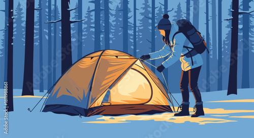 Traveler camping in snowy forest with glowing tent under winter sky. Ideal for adventure branding, winter outdoor content, travel ads, and seasonal illustrations