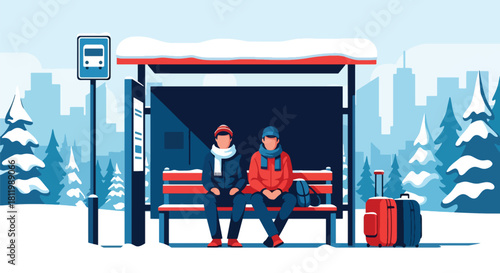 Traveler sitting at snowy bus stop wrapped in warm scarf. Ideal for transit illustrations, winter lifestyle content, tourism visuals, and seasonal travel guides