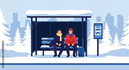 Traveler sitting at snowy bus stop wrapped in warm scarf. Ideal for transit illustrations, winter lifestyle content, tourism visuals, and seasonal travel guides
