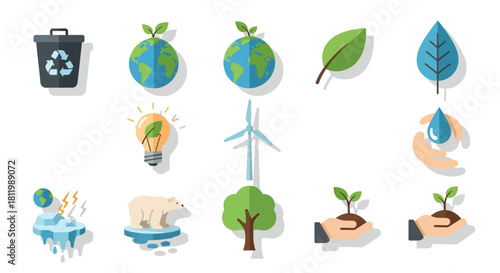 A collection of colorful flat design ecology icons representing recycling, green energy, and conservation.
