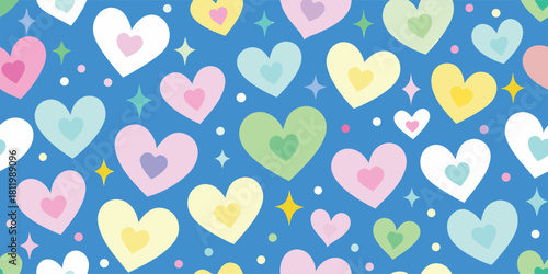 Seamless pattern of cute pastel hearts with inner hearts and sparkling stars on a vibrant blue background, perfect for valentines, romance, and joyful designs.