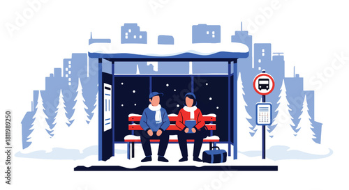 Traveler sitting at snowy bus stop wrapped in warm scarf. Ideal for transit illustrations, winter lifestyle content, tourism visuals, and seasonal travel guides