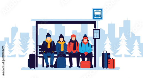 Traveler sitting at snowy bus stop wrapped in warm scarf. Ideal for transit illustrations, winter lifestyle content, tourism visuals, and seasonal travel guides