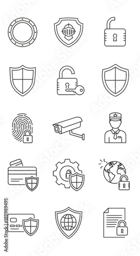 A collection of fifteen security and data protection icons in a minimalist thin line art style, featuring shields, padlocks, and globes.
